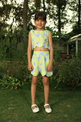 Green check+flower cord set - Lime Green Checkered with Blue Daisies