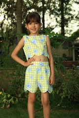 Green check+flower cord set - Lime Green Checkered with Blue Daisies