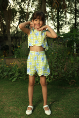 Green check+flower cord set - Lime Green Checkered with Blue Daisies