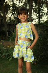 Green check+flower cord set - Lime Green Checkered with Blue Daisies