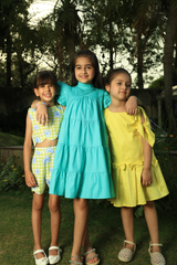 Green check+flower cord set - Lime Green Checkered with Blue Daisies