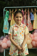 Printed shirt+shorts cord - Cream with Retro Orange and Yellow Patchwork