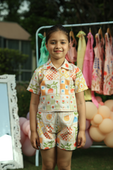 Printed shirt+shorts cord - Cream with Retro Orange and Yellow Patchwork