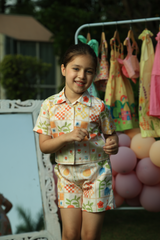 Printed shirt+shorts cord - Cream with Retro Orange and Yellow Patchwork