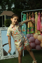 Printed shirt+shorts cord - Cream with Retro Orange and Yellow Patchwork