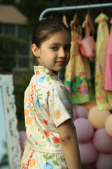 Printed shirt+shorts cord - Cream with Retro Orange and Yellow Patchwork