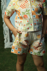 Printed shirt+shorts cord - Cream with Retro Orange and Yellow Patchwork